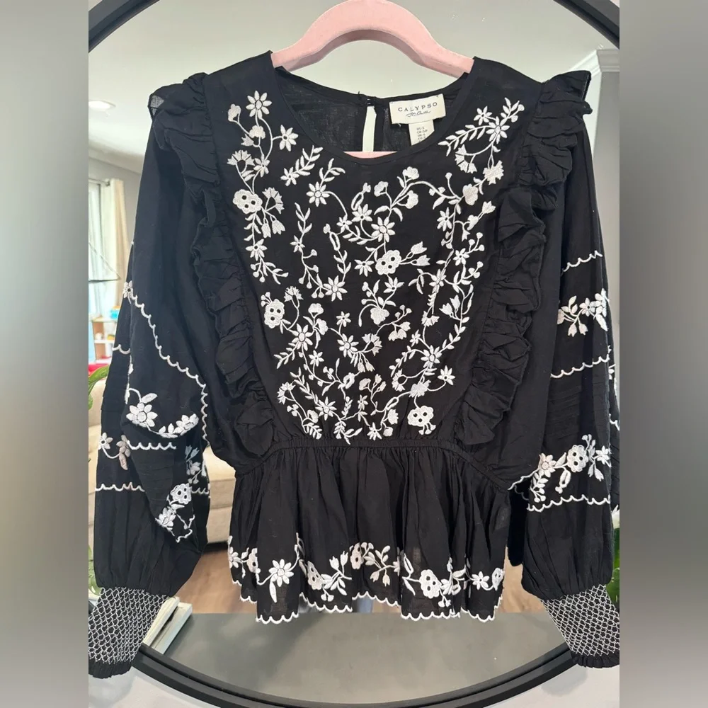 Calypso Black Floral Embroidered Puff-Sleeve Top - Picture 2 of 5